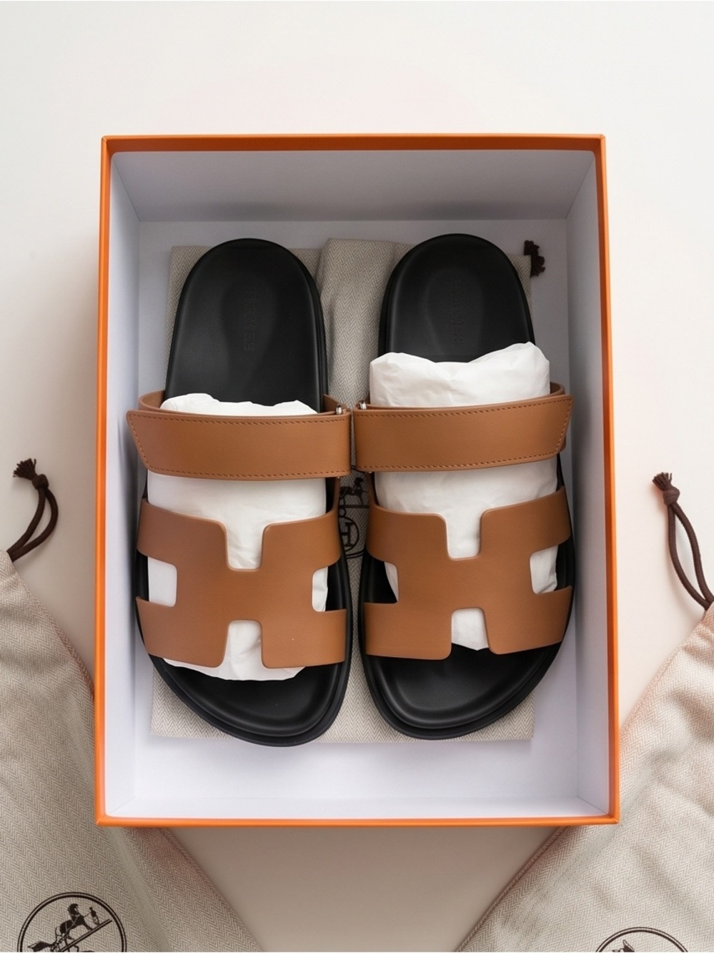 Authentic Hermes Chypre Tan Leather Slide Sandals